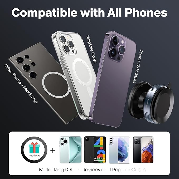 Magnetic Car Phone Mount – 360° Rotating Suction Holder for iPhone & Android – Black